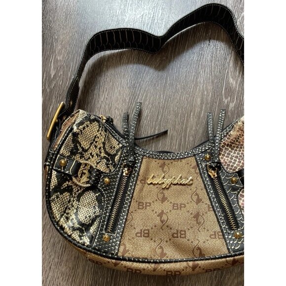 Vintage Baby Phat Snake Skin Shoulder Hand Bag Gold Black White Stones NWT RARE - Picture 5 of 16